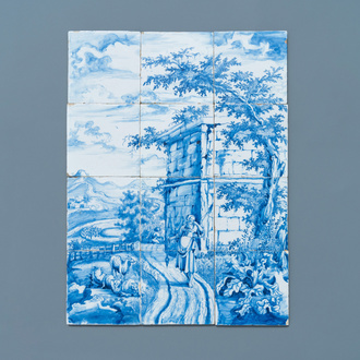 A very fine Dutch Delft blue and white tile mural with a shepherdess, 18th C.