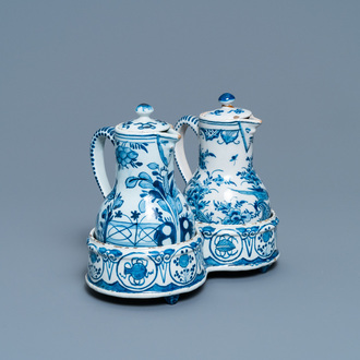 A Dutch Delft blue and white cruet set on stand, 2nd quarter 18th C.