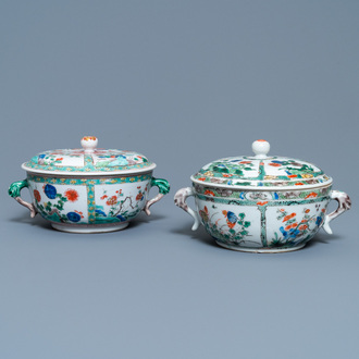 Deux écuelles couvertes en porcelaine de Chine famille verte, Kangxi