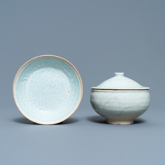 A Chinese qingbai molded 'fish' dish and a bowl with cover, Song/Yuan