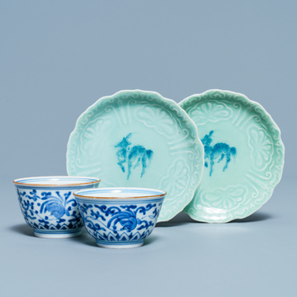 A pair of Japanese blue and white Arita bowls and a pair of celadon 'deer' dishes, Edo, 18/19th C.