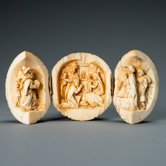 An ivory triptych ball depicting 'The adoration of the magi', France, 19th C.