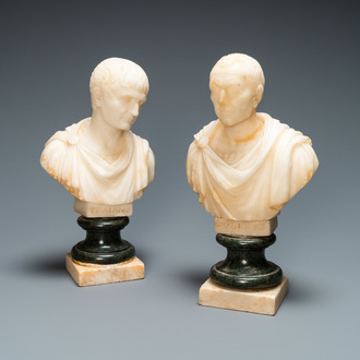 A pair of Italian alabaster busts of the emperors Trajan and Julius Caesar, 19th C.