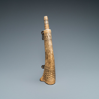 An engraved mythological subject stag antler horn powder flask, probably Germany, 19th C.