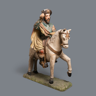 A large polychromed wooden group with Saint James of Compostela on horseback, Spain, 16th C.