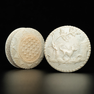 An ivory box and cover with a dog in front of a watermill, ca. 1800