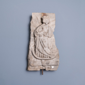 A stone relief depicting a Virgin with Child, dated 1489