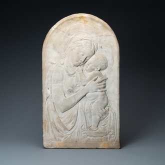Italian school, 19th C., after Desiderio da Settignano (1430-1464): a marble bas-relief with a Virgin with Child