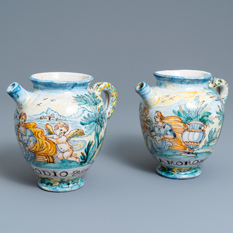 Two polychrome Italian maiolica wet drug jars, 19th C.