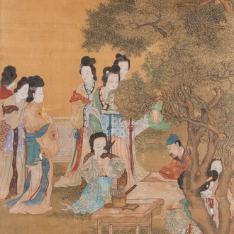 Chinese school, after Zhao Danian, ink and color on silk: 'Painter at work', 17/18th C.