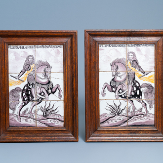 A pair of Dutch Delft manganese and yellow tile murals with William of Orange on horseback, 18th C.