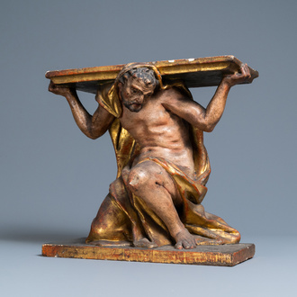 A polychromed and gilded wooden console in the shape of a kneeled Atlas figure, Italy, 17th C.