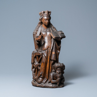 Une statue de Sainte Catherine d'Alexandrie en chêne sculpté, Rhin Supérieur, Allemagne, vers 1520