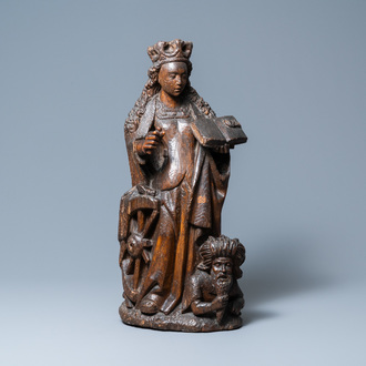 Een eikenhouten figuur van Sint-Catharina van Alexandrië, Boven-Rijngebied, Duitsland, ca. 1520