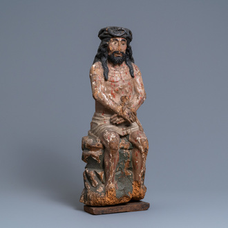 A polychromed limewood or poplar figure of the Pensive Christ, Germany, 15th C.