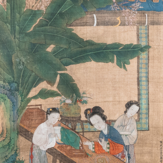 Chinese school, after Li Gonglin, ink and color on silk: 'Lady at her dressing table on a terrace', 17/18th C.