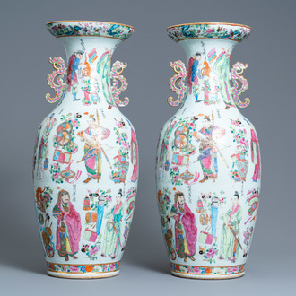 A pair of Chinese Canton famille rose 'Wu Shuang Pu' vases, 19th C.