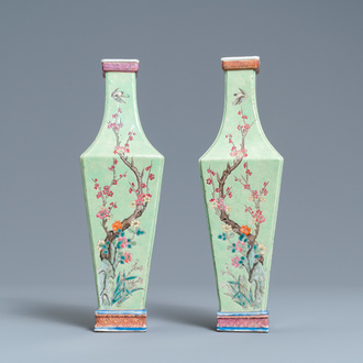 A pair of Chinese famille rose green-ground vases with floral design, 19th C.