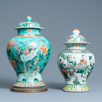 Two Chinese famille verte vases and covers, 19th C.