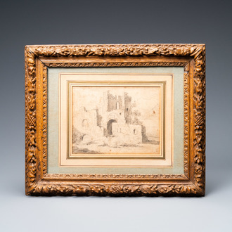 Attr. to Jacob van Ruisdael (1628/9 - 1682), pencil on paper: Landscape with ruins