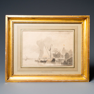Attr. to Cornelis Springer (1817 - 1891), pencil and brown watercolour on paper: Flatboats near the shore