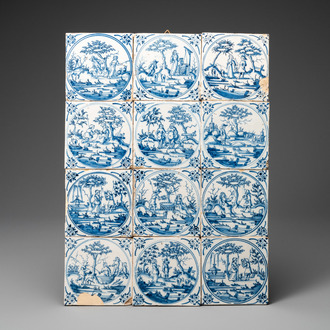 Twelve Dutch Delft blue and white medallion tiles, 18th C.