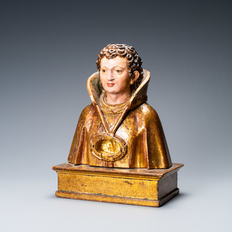 A polychromed and gilded wooden reliquary bust, Italy, 17th C.