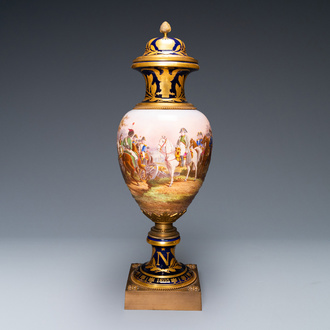 A large French Napoleonic Sèvres-style vase with gilded bronze mounts, signed Desprez, 19th C.