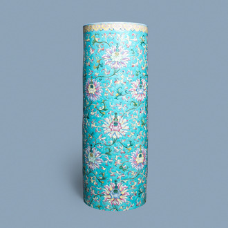 A large Chinese famille rose cylindrical vase with applied lotus scrolls, Jiaqing/Daoguang