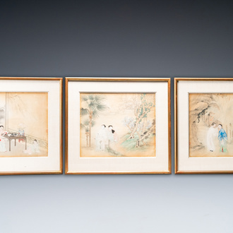 Chinese school, ink and color on paper: three narrative scenes, 19th C.