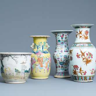 Three Chinese famille rose vases and a jardinière, 19th C.