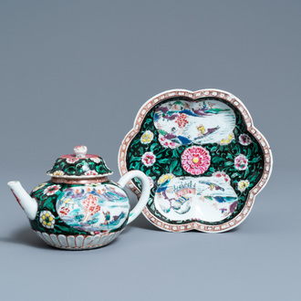 A Chinese famille rose teapot on stand, Yongzheng