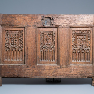 A carved oak front panel of a coffer with the arms of France and the Dauphin, France, 2nd half 15th C.