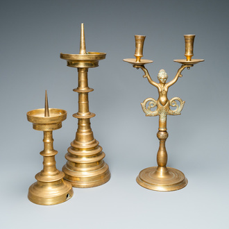 Three bronze candlesticks, Flanders and Germany, 16th C.