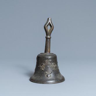 A bronze bell with applied fleur-de-lis and an IHS medallion, France, 16th C.