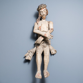 A large polychromed wooden figure of the Pensive Christ, Flanders, folk art, 16th C.