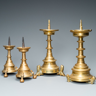 Four bronze candlesticks, Flanders or Germany, 15/16th C.