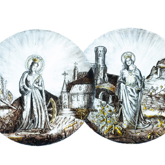 Signed Le Pluy, Lille: two grisaille and silver yellow painted glass roundels with Saint Catharine and Saint Barbara, 19/20th C.