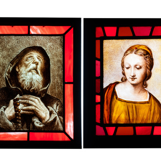 Two composite stained and painted glass windows with a monk and a female bust after Raphaël, 19th C.