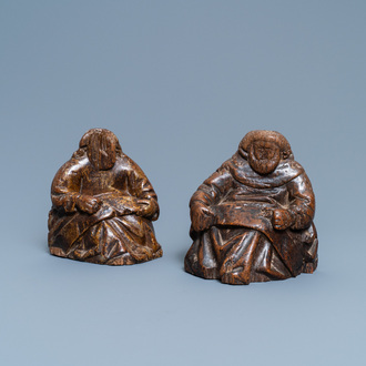 A pair of figuratively carved oak church bank ends, England, 14/15th C.