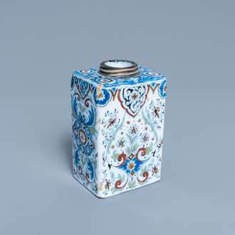 A polychrome Dutch Delft black- and gilt-enhanced tea caddy, late 17th C.