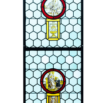 A composite stained and painted glass window mounted in lead alloy, France, 16th C.