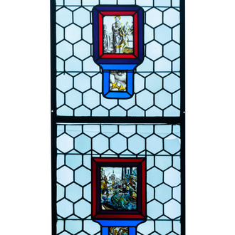 Een samengesteld glas-in-loodraam met polychrome, grisaille en zilvergele medaillons, Frankrijk, 16/17e eeuw