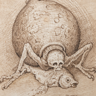 Flemish school, follower of Pieter Bruegel the Elder, pen and brown ink on paper, 19th C.: a fantastic creature with a fish