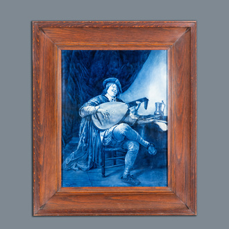 A large Dutch Delft blue and white Porceleyne Fles plaque: 'Self-portrait as a lute player', after Jan Steen, 20th C.