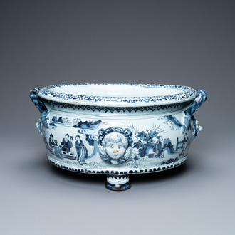 An oval Dutch Delft blue and white chinoiserie jardinière, late 17th C.