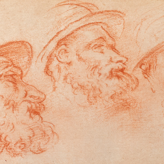 Italian school, after Charles Parrocel, sanguine on paper, 18/19th C.: Five heads of helmeted soldiers