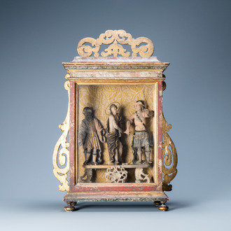 A polychromed and gilded alabaster 'flagellation' group in glass display, South-Italy, 17th C.