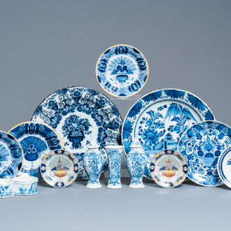 A varied collection of Dutch Delft blue and white and polychrome pottery, 18th C.