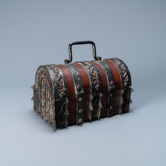 A partly red painted cast iron casket, France, 15th C.